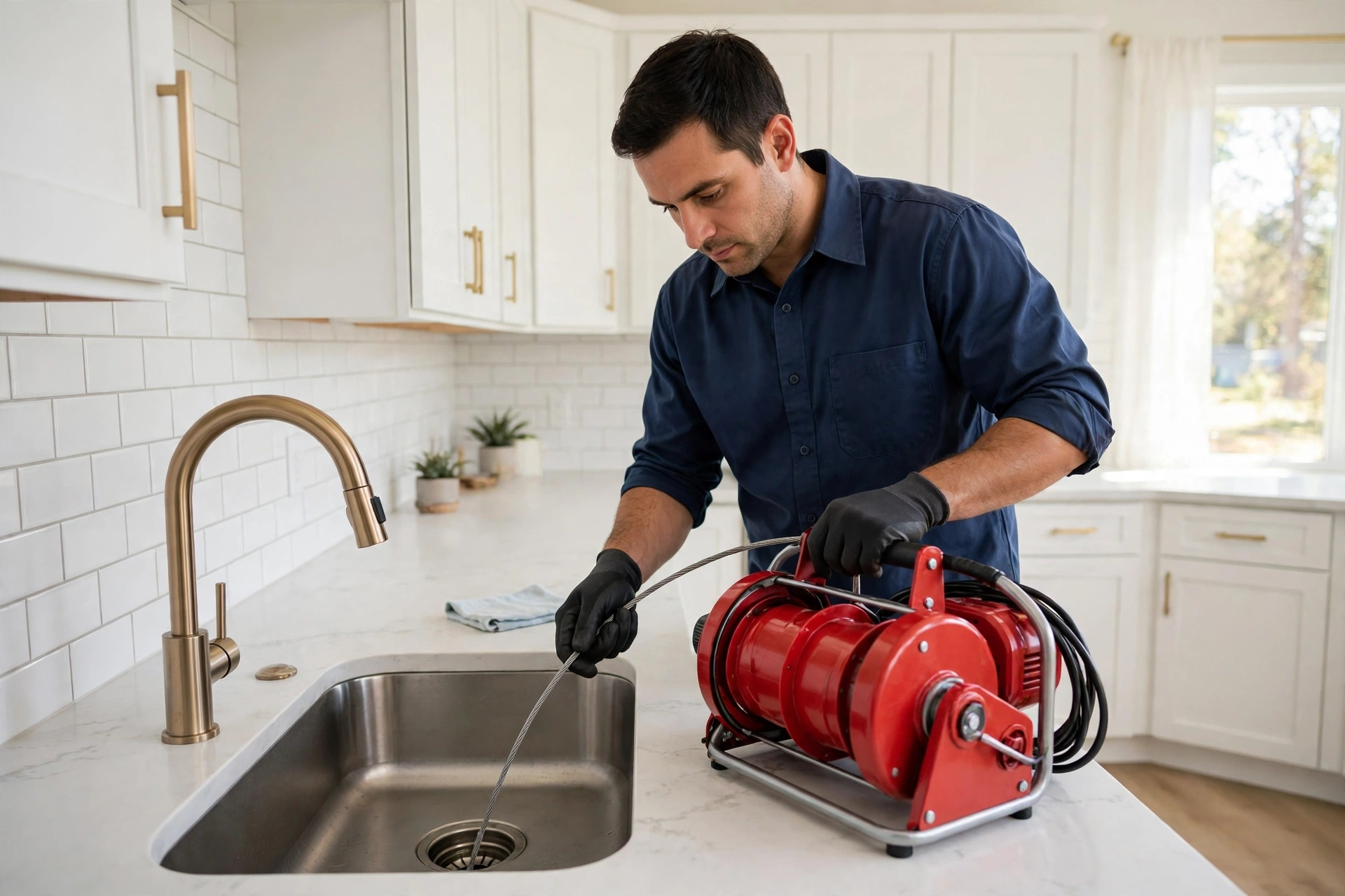 Plumber feeding a cable from a red drain cleaning machine into a kitchen sink drain