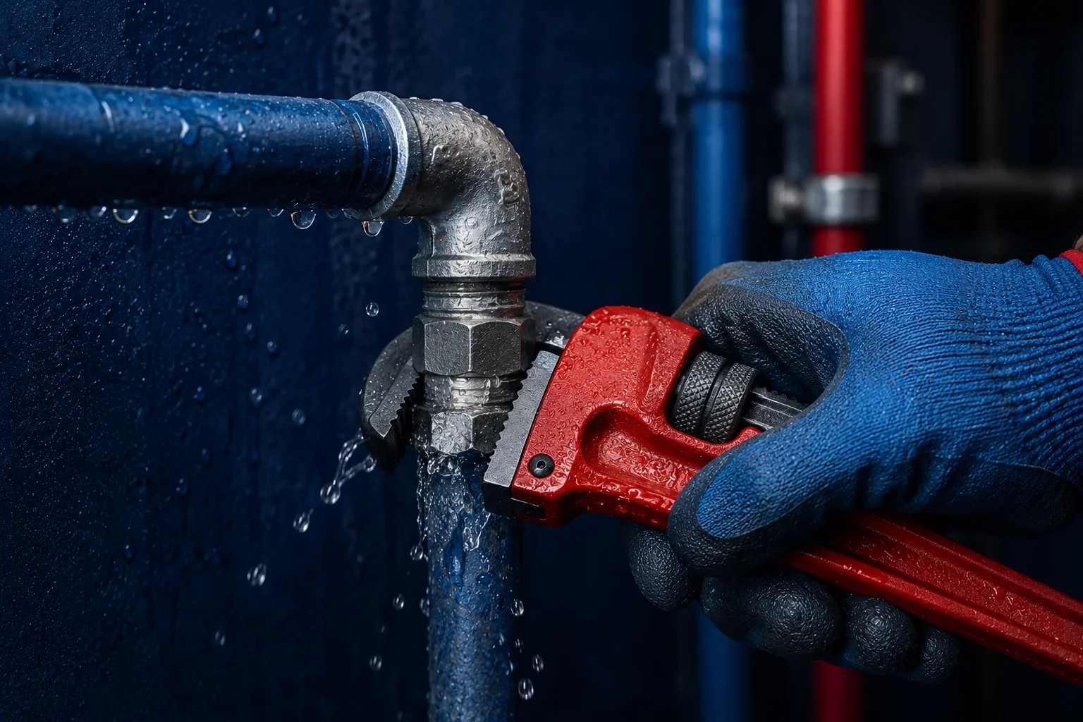 Plumber tightening a wrench on a leaking pipe joint as water drips from the fitting