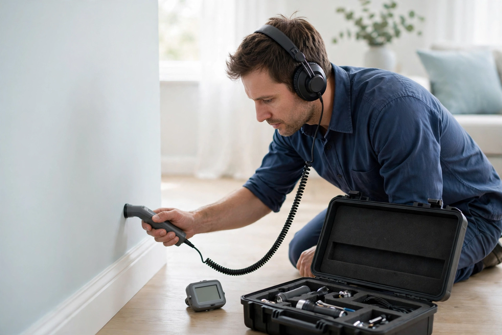 Plumber using acoustic leak-detection equipment inside a Rolling Meadows ranch home