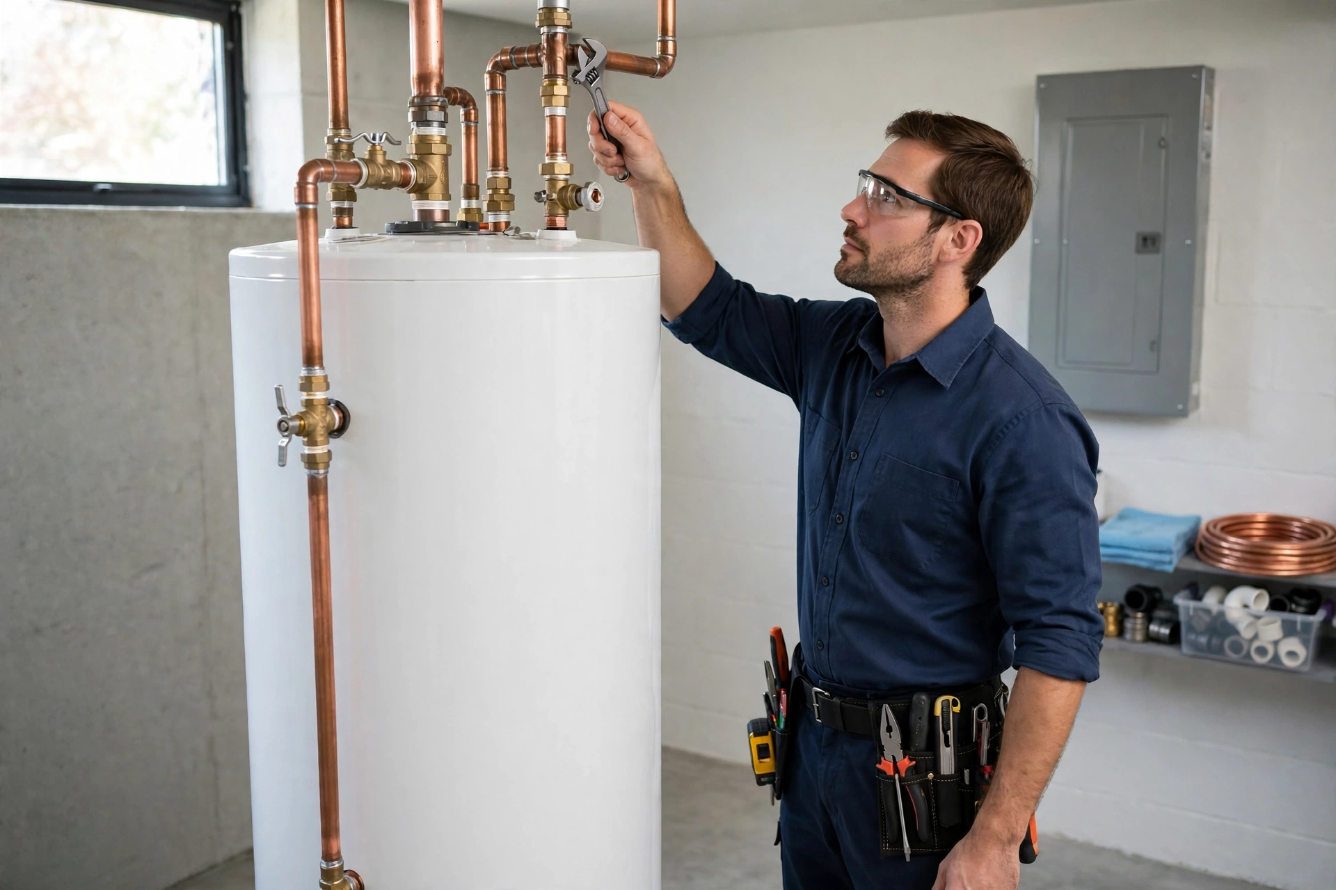 Plumber adjusting the copper pipe connections on top of a white tank water heater